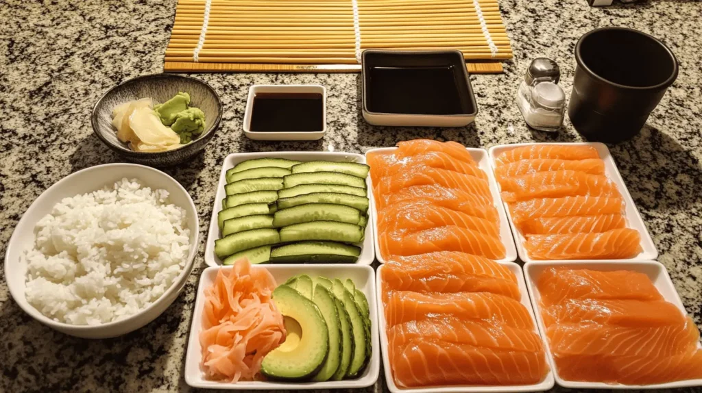 Ingredients for an Alaska Roll, including sushi rice, salmon, avocado, and cucumber, neatly arranged on a countertop.