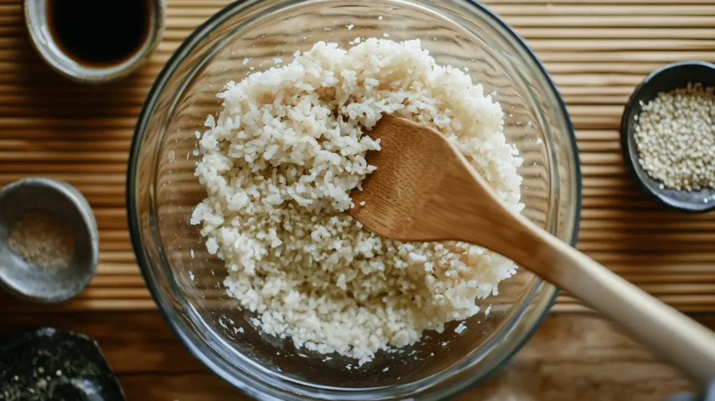 A bowl of freshly cooked sushi rice being seasoned with rice vinegar, sugar, and salt, with a wooden spoon for mixing.