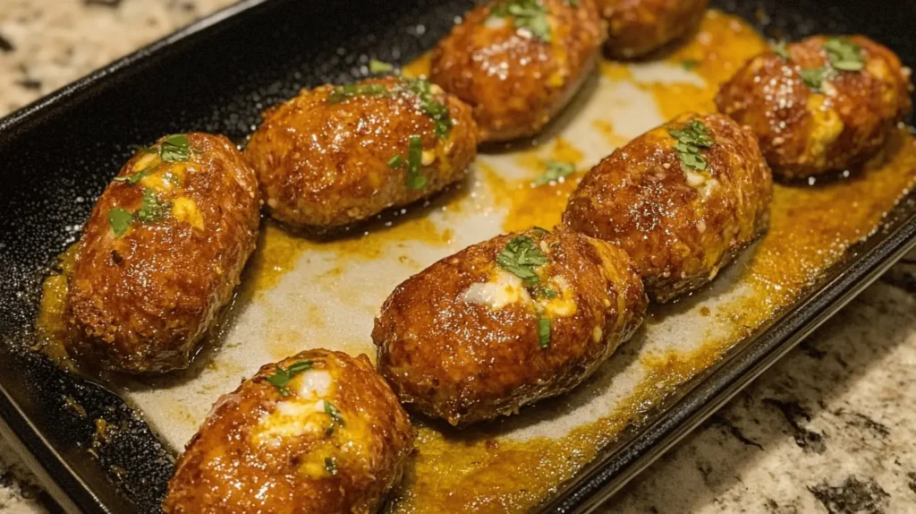  Baked armadillo eggs on a tray, topped with fresh herbs and glistening with a golden finish.