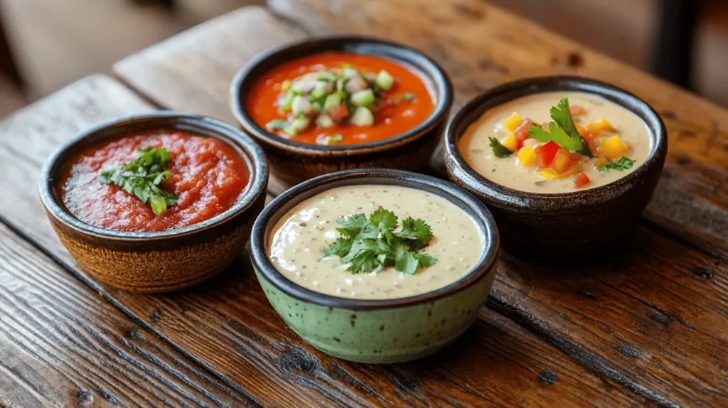 Four dipping sauces in ceramic bowls on a rustic wooden table, including ranch, queso, and salsa.