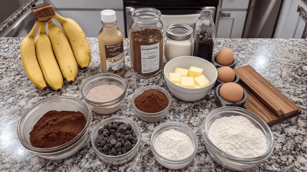 Ingredients for banana brownies, including mashed bananas, cocoa powder, flour, and eggs, neatly arranged on a kitchen countertop.