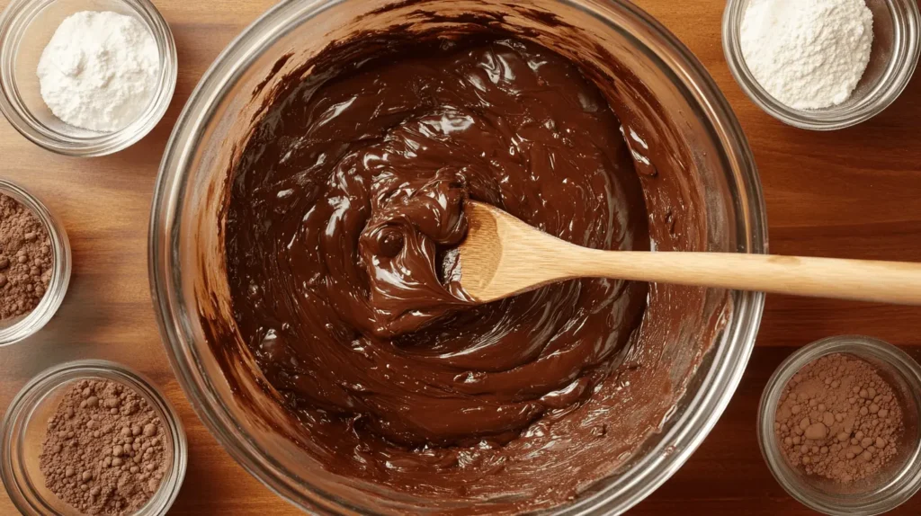 A bowl of banana brownie batter being mixed with a wooden spoon, showing rich chocolatey swirls.