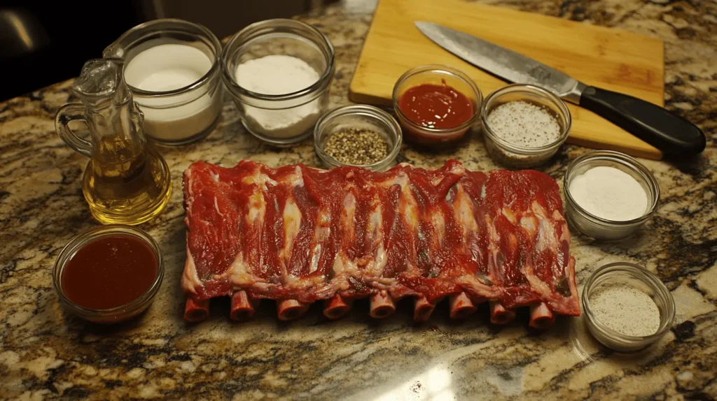 Ingredients for beef back ribs neatly arranged on a marble countertop, including beef back ribs, BBQ sauce, spices, and olive oil.