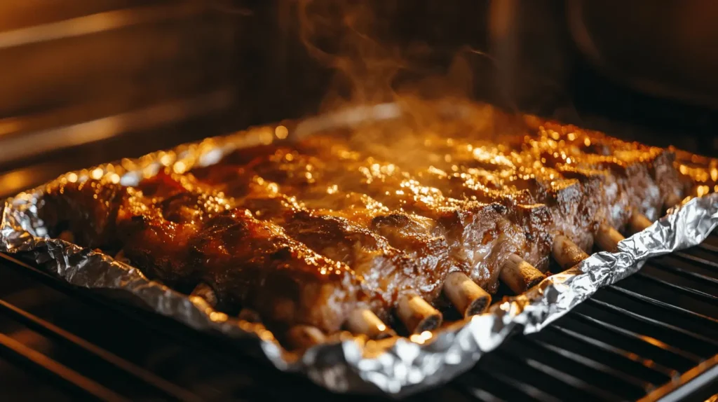 Beef back ribs wrapped in foil on a baking tray inside an oven, with a golden caramelized glaze starting to form.