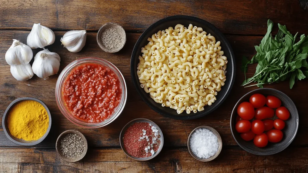 Ingredients for Beefaroni on a wooden table, including elbow macaroni, tomato sauce, garlic, and seasonings.