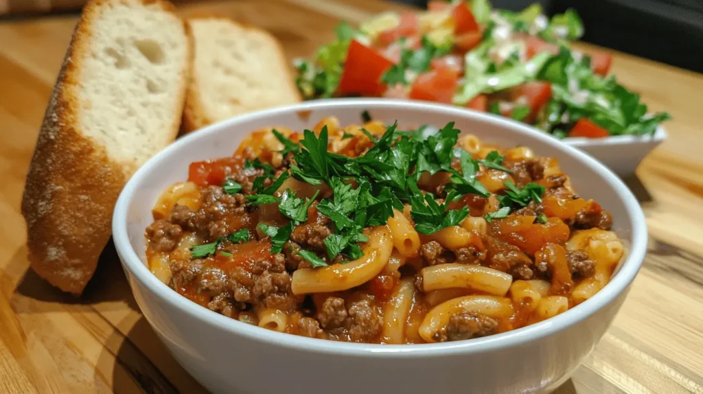 A bowl of Beefaroni served with a fresh salad and slices of crusty bread on the side.