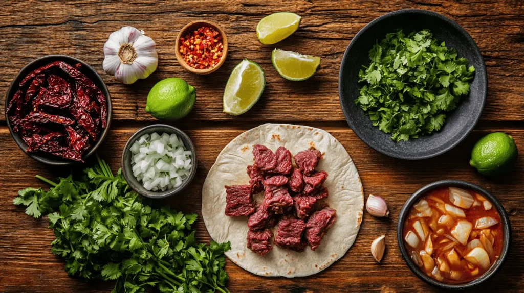 Fresh ingredients for birria burrito: beef, dried chiles, garlic, onions, and tortillas arranged neatly on a wooden table.