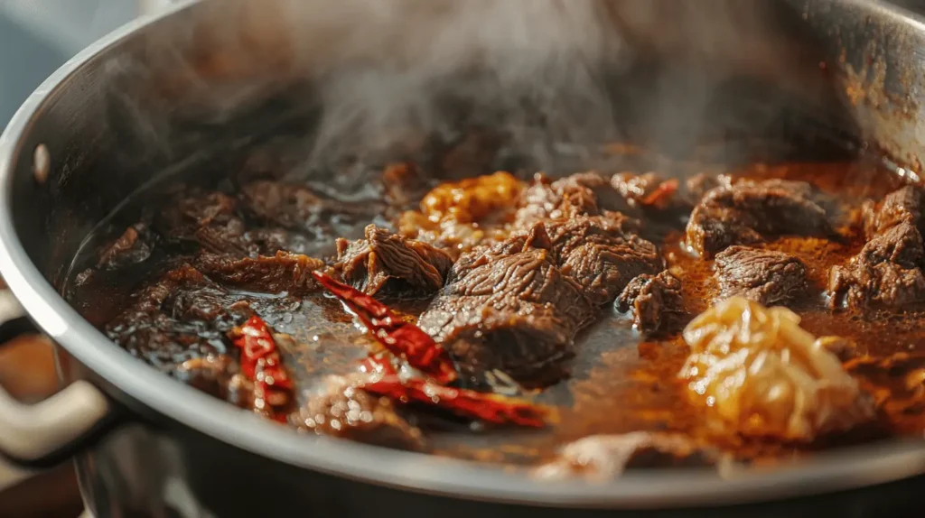 A pot of simmering birria with tender beef, dried chiles, and aromatic spices creating a rich, flavorful broth.