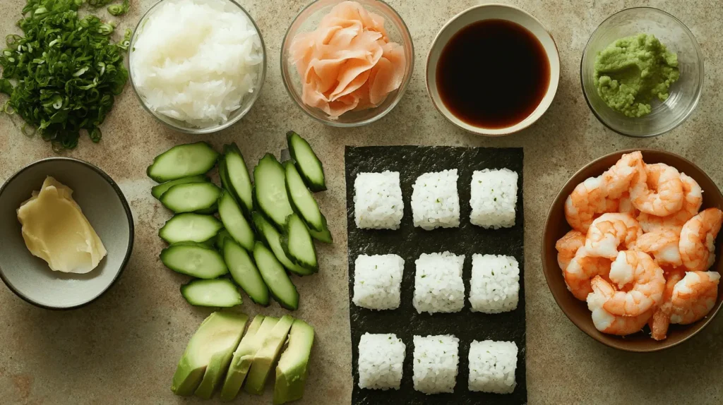 Ingredients for Boston Roll, including cooked shrimp, sushi rice, avocado, cucumber, nori, and optional tobiko, neatly arranged on a countertop.