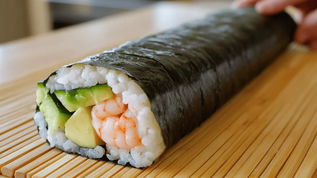 A Boston Roll being assembled on a bamboo mat with sushi rice, shrimp, avocado, and cucumber layered on a sheet of nori.