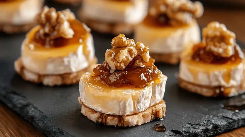 Brie cheese bites topped with walnut pieces, fig preserves, and a drizzle of honey, served on a dark slate tray.