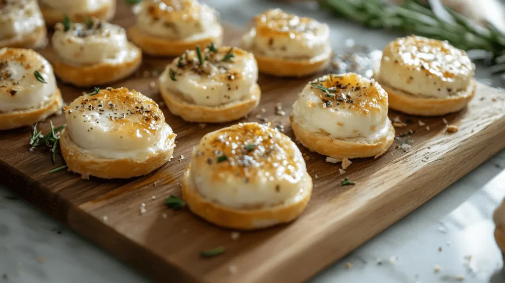 Mini Brie cheese bites on a wooden serving board, topped with flaky pastry and garnished with herbs and black pepper.