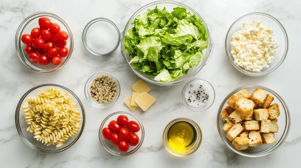 Ingredients for Caesar Pasta Salad arranged on a polished marble countertop, including bowls of rotini pasta, chopped romaine lettuce, halved cherry tomatoes, freshly grated Parmesan cheese, Caesar dressing, golden croutons, olive oil, and optional grilled chicken slices, with salt and pepper in pinch bowls.