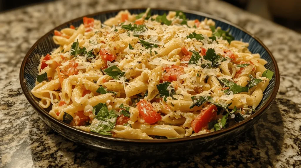 Caesar Pasta Salad served in a black bowl on a granite countertop, featuring penne pasta, chopped parsley, halved cherry tomatoes, and freshly grated Parmesan cheese, garnished with cracked black pepper.