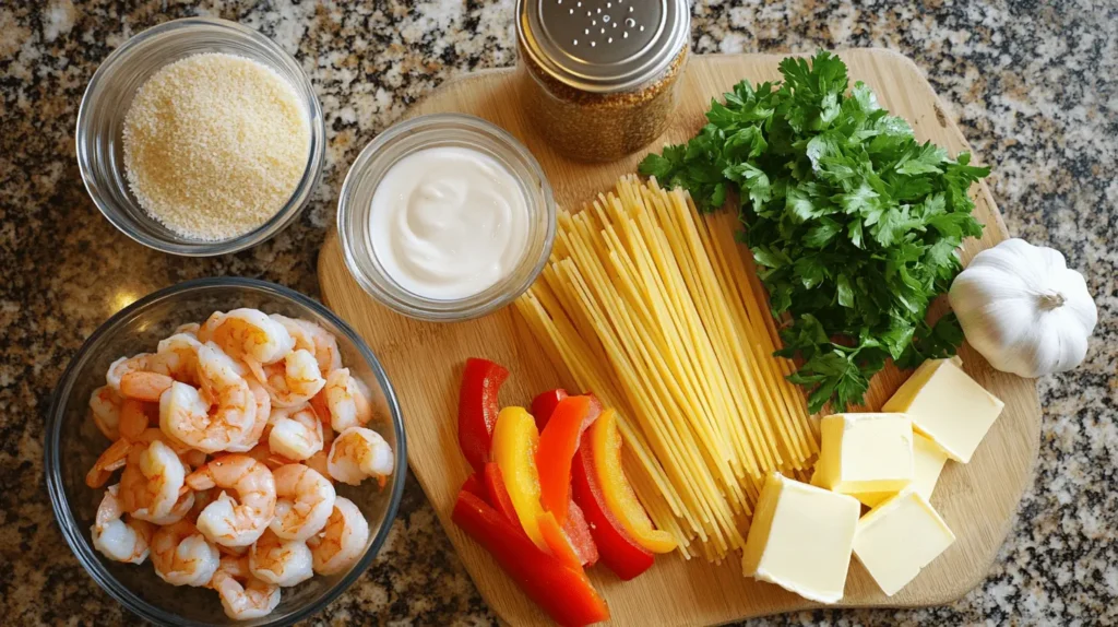 Ingredients for Cajun Shrimp Pasta, including shrimp, Cajun seasoning, heavy cream, pasta, Parmesan cheese, and fresh vegetables.