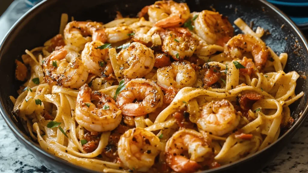 A bowl of creamy Cajun Shrimp Pasta topped with juicy shrimp and garnished with fresh parsley.