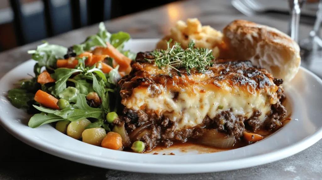 A plated serving of Cattle Drive Casserole with a green salad, steamed vegetables, and crusty bread on the side.