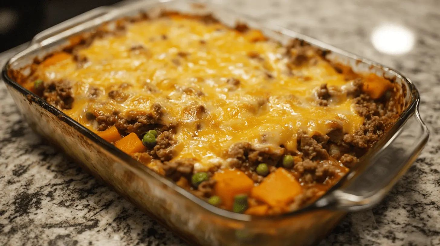 A freshly baked Cattle Drive Casserole served on a marbel coutertop