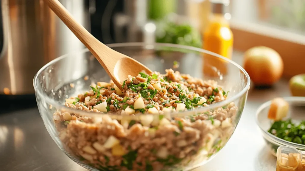 A glass mixing bowl filled with ground chicken, diced apples, and fresh herbs being stirred with a wooden spoon.