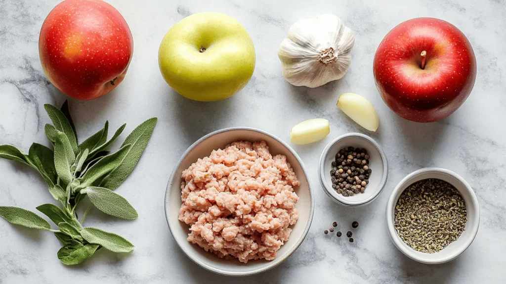 Flat lay of chicken apple sausage ingredients, including apples, garlic, sage, ground chicken, and spices on a marble countertop.