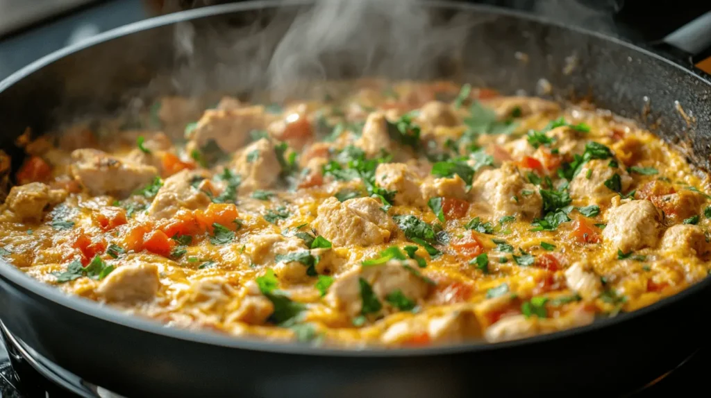 Chicken frittata cooking in a non-stick skillet on a stovetop, with edges starting to set and steam rising.