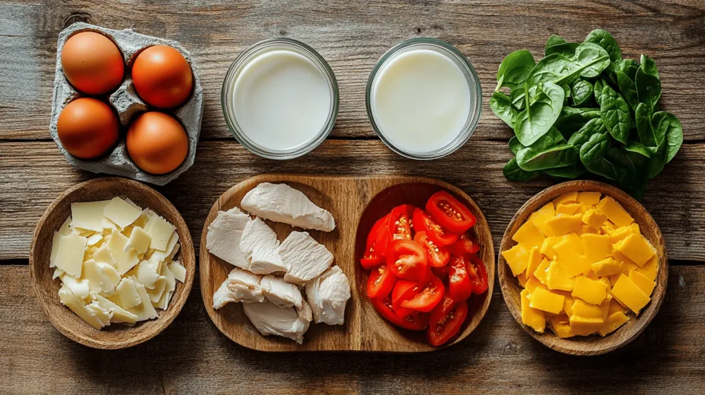 Fresh ingredients for chicken frittata: eggs, cooked chicken, bell peppers, spinach, tomatoes, cheese, and milk arranged neatly on a wooden table.