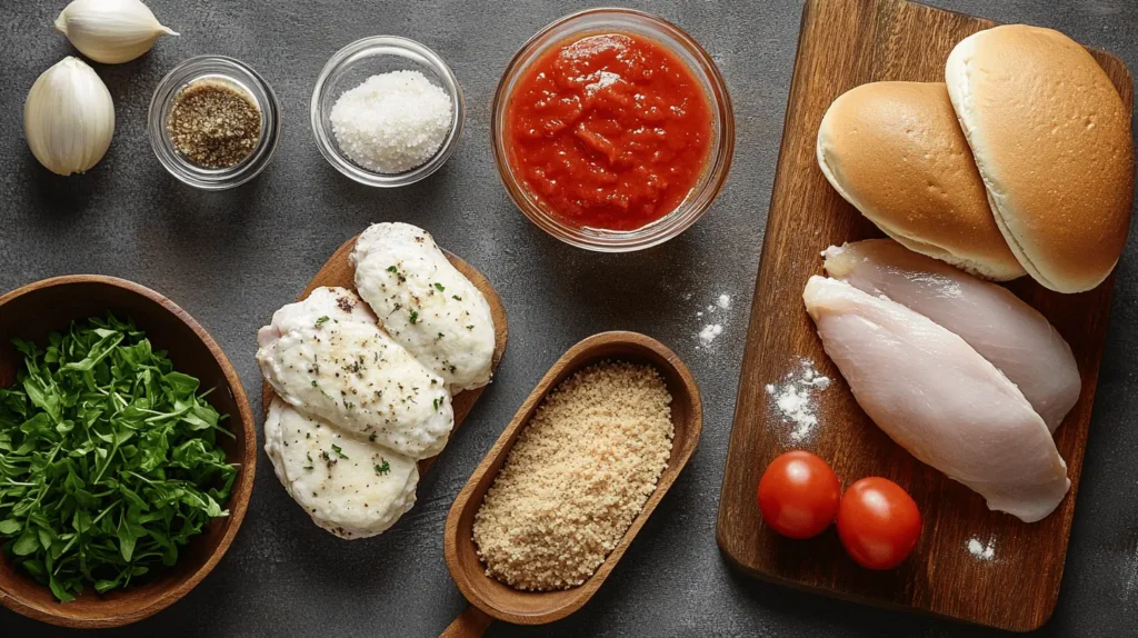 A spread of fresh ingredients for Chicken Parm Sandwich: chicken breasts, breadcrumbs, mozzarella, marinara sauce, and buns.