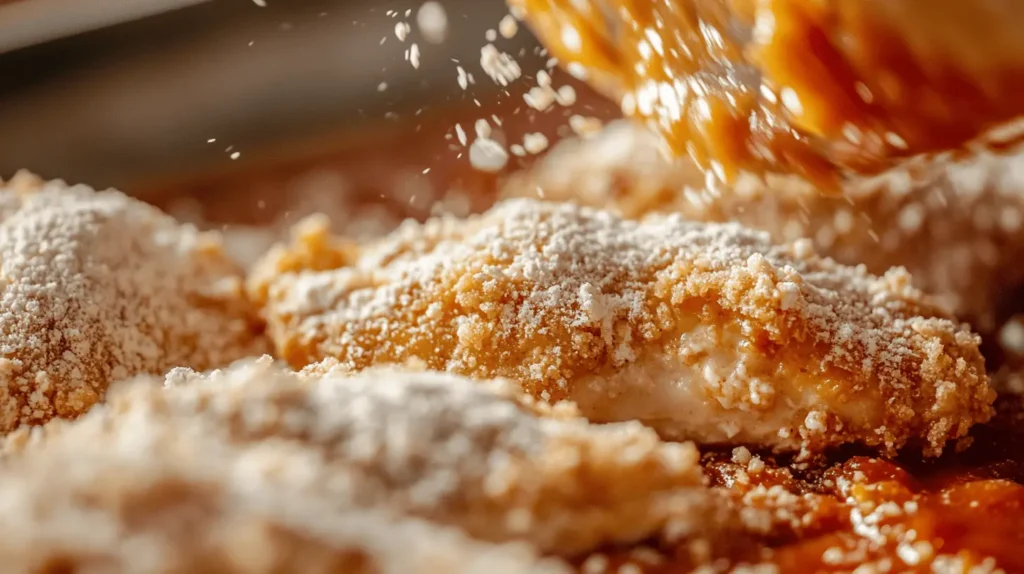 A close-up of chicken being dipped in flour, egg wash, and breadcrumb mixture for Chicken Parm Sandwich.