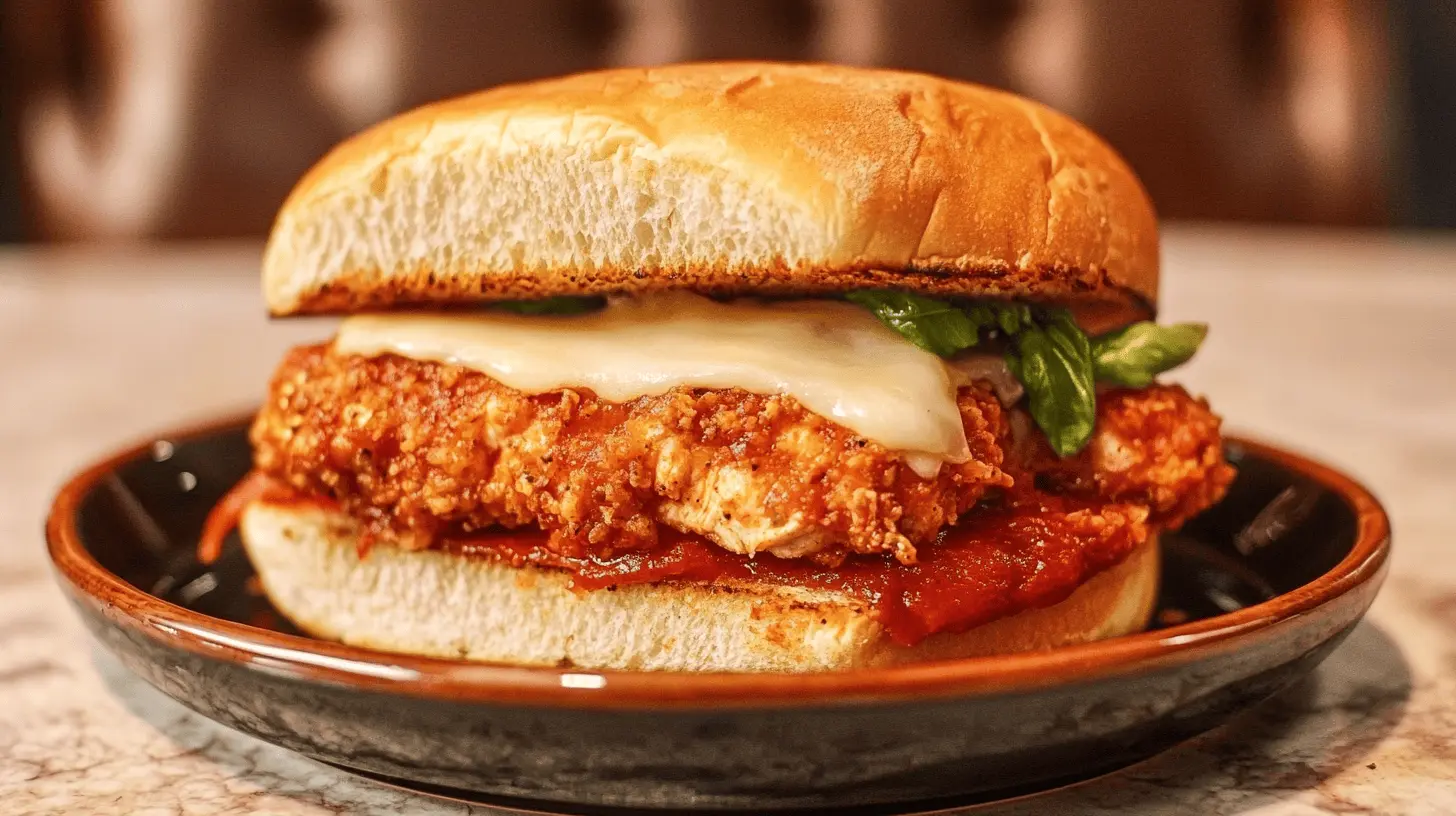 Chicken Parm Sandwich served on a marbel countertop