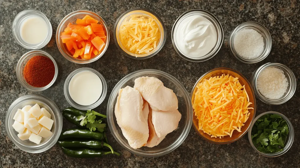 Ingredients for Chicken Poblano Soup, including poblano peppers, chicken, heavy cream, chicken broth, and fresh vegetables neatly arranged.