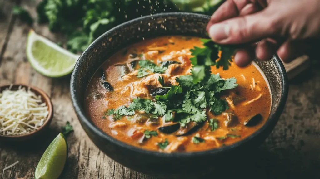 A hand sprinkling fresh cilantro over a bowl of creamy Chicken Poblano Soup with lime wedges on the side.