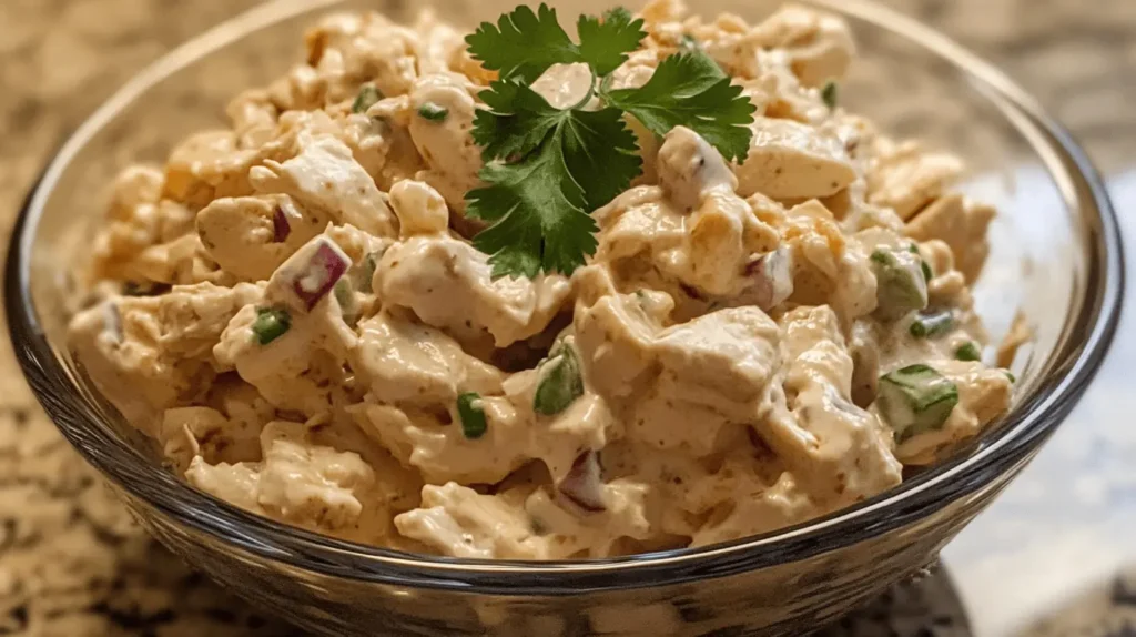 A bowl of creamy chicken salad garnished with fresh cilantro, showcasing a classic Chicken Salad Chick recipe.