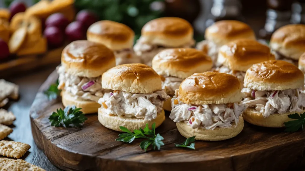 Mini chicken salad sliders on buttery rolls, arranged on a wooden platter for a party spread.