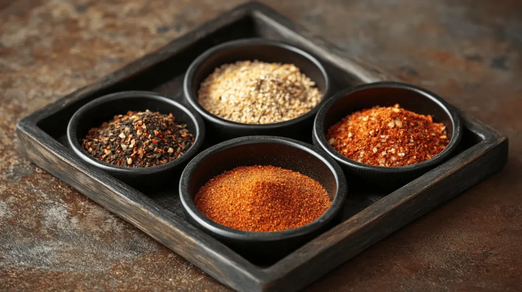 Four small black bowls containing different taco seasoning variations, including smoky, spicy, and mild blends.