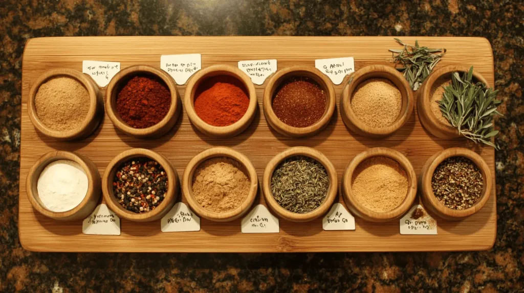  A wooden tray with small bowls of individual spices labeled with tags, including chili powder, cumin, and paprika.