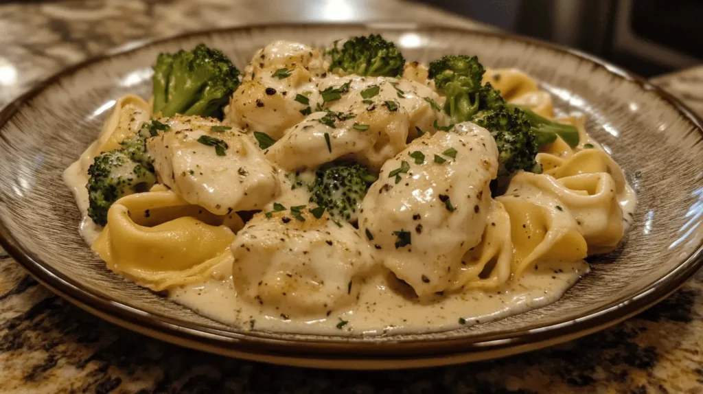 Chicken tortellini Alfredo served with steamed broccoli