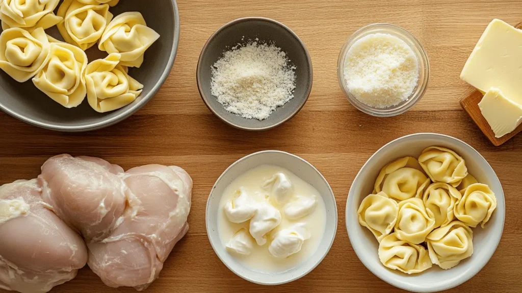 Ingredients for chicken tortellini Alfredo, including raw chicken breasts, fresh tortellini, grated Parmesan, butter, cream, and seasonings, neatly arranged on a wooden surface.