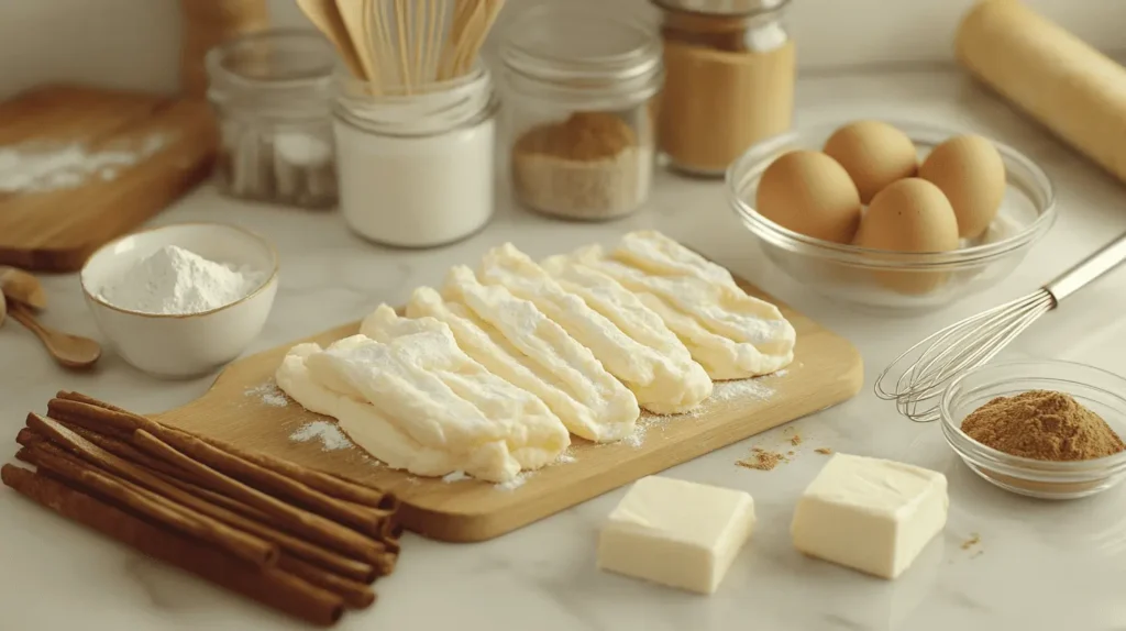 All ingredients for churro cheesecake arranged on a kitchen countertop, including cream cheese, eggs, sugar, puff pastry, cinnamon, and butter.