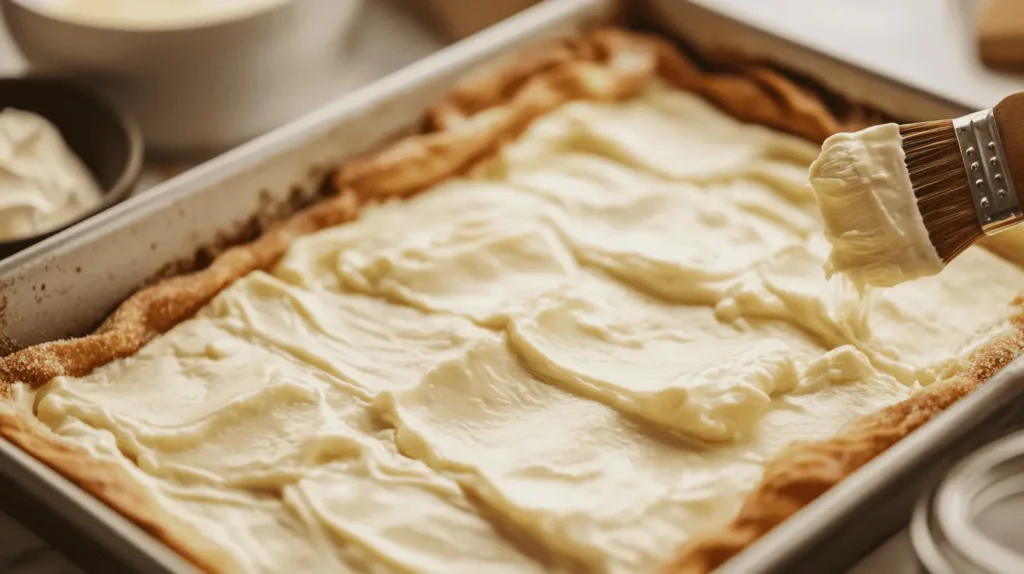 Churro cheesecake being assembled in a baking pan with a layer of cheesecake filling spread over dough and another sheet of dough being placed on top.