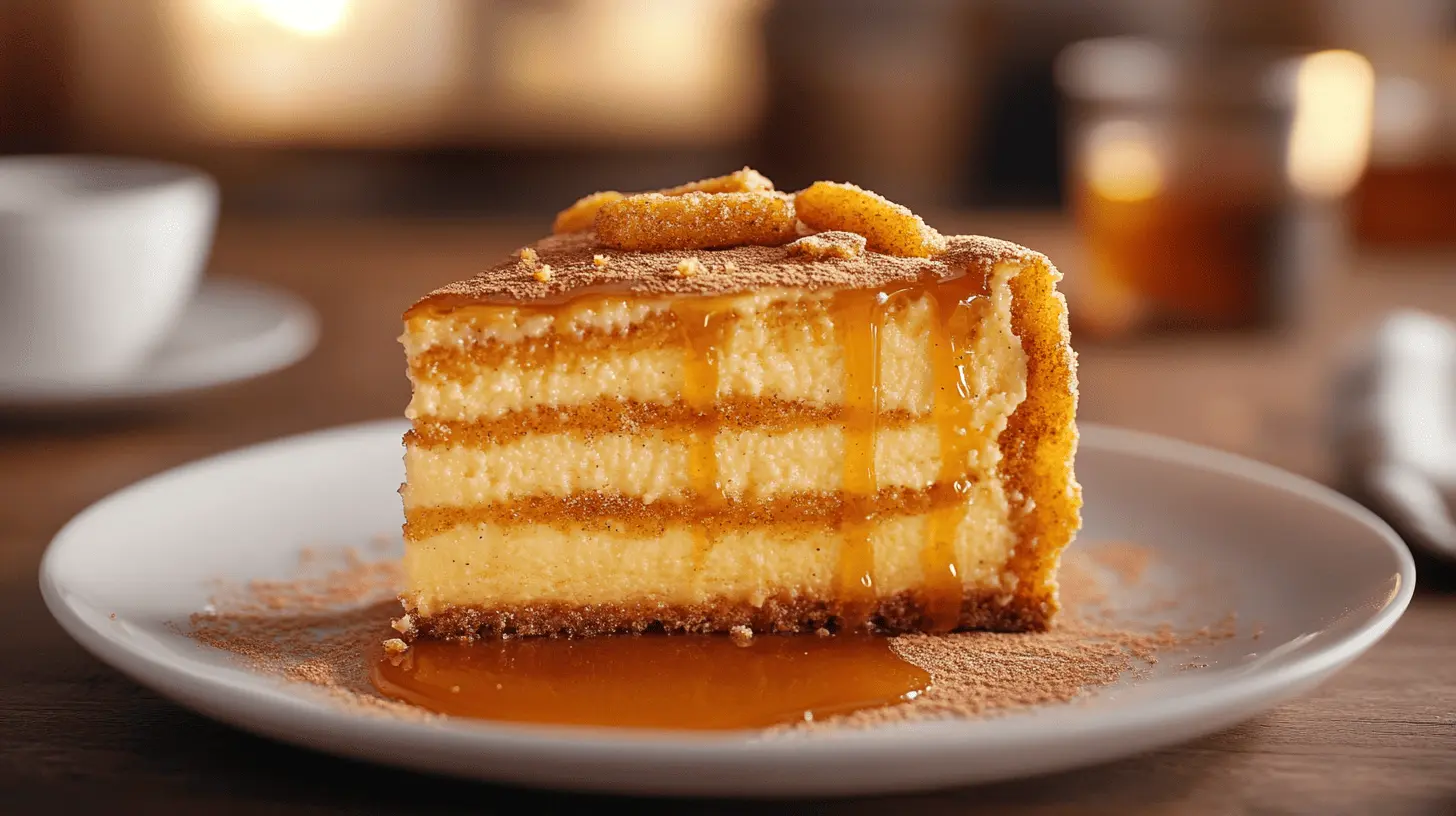 a served slice of churro cheesecake on a marbel countertop