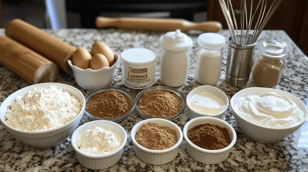 Ingredients for cinnamon roll cheesecake, including graham crackers, cream cheese, eggs, and cinnamon, neatly arranged on a countertop.