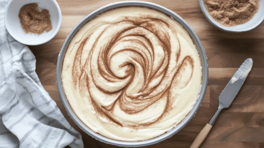 A close-up of a knife swirling cinnamon sugar into the cheesecake batter in a springform pan.