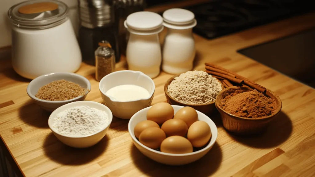 Ingredients for coffee cake muffins, including flour, sugar, cinnamon, eggs, butter, sour cream, and milk, arranged neatly on a countertop.