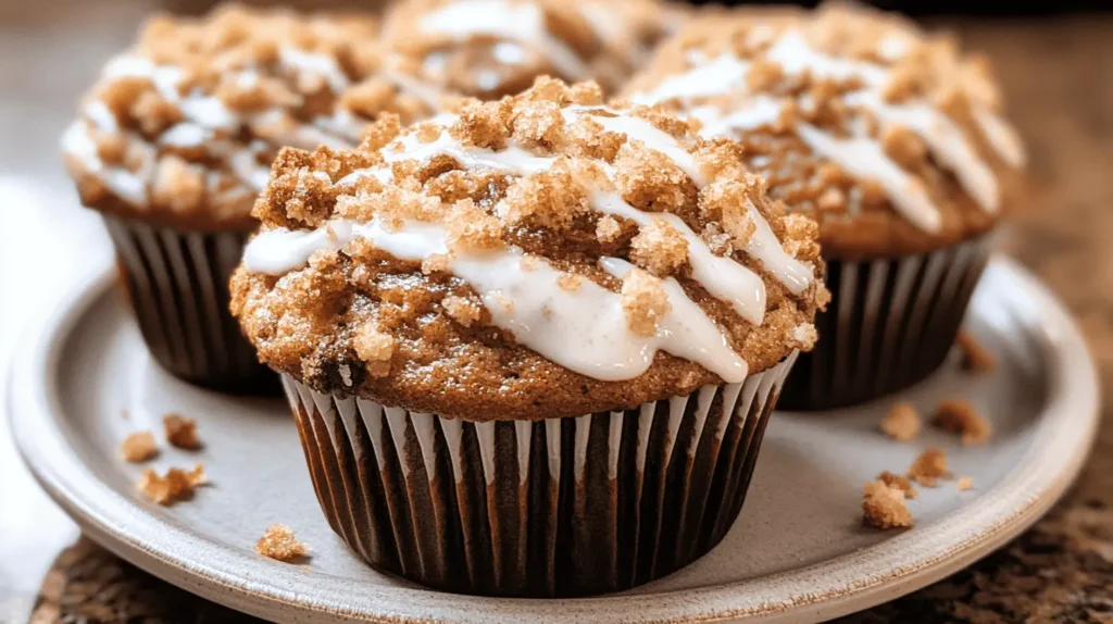 Close-up of freshly baked coffee cake muffins with golden crumb topping and a drizzle of white glaze, served on a ceramic plate.