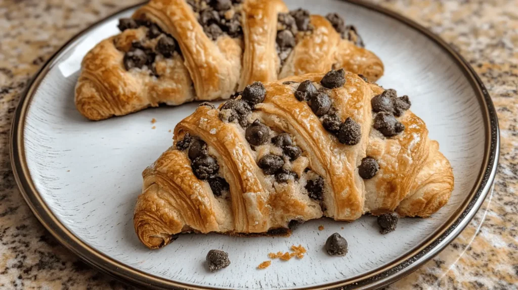 Two cookie croissants topped with chocolate chips on a white plate, surrounded by crumbs.