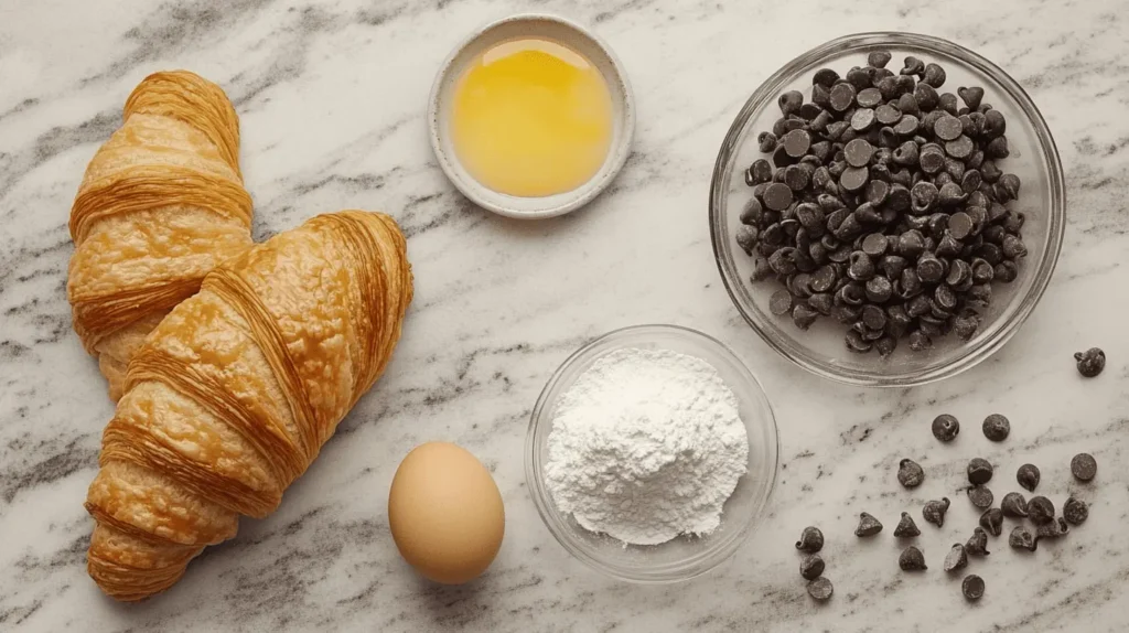 Ingredients for cookie croissants, including croissants, chocolate chips, powdered sugar, an egg, and an egg wash on a marble countertop.