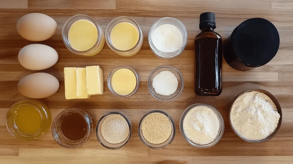 Ingredients for making cornmeal pancakes, including eggs, butter, cornmeal, flour, vanilla, and milk, arranged neatly on a wooden surface.