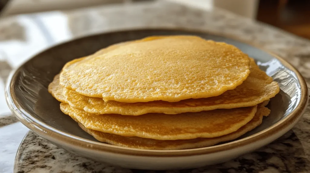  A plate of cornmeal pancakes on a marble countertop, showcasing their golden texture and rustic appeal.