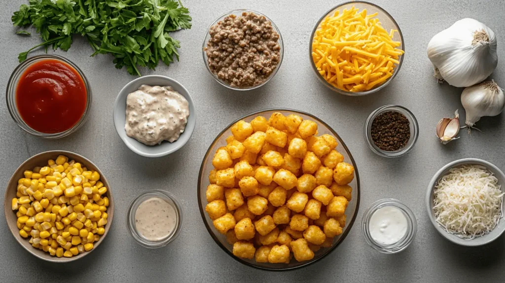 All ingredients for Cowboy Casserole arranged on a kitchen counter: ground beef, tater tots, shredded cheese, cream of mushroom soup, corn, onion, and garlic.