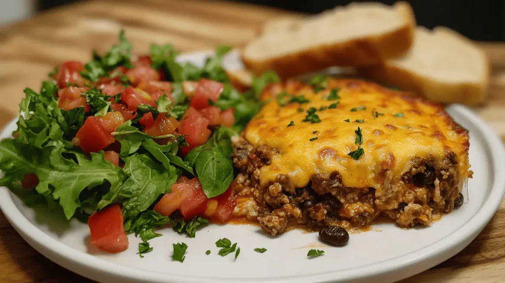 A serving of Cowboy Casserole plated with a fresh green salad and garlic bread on the side